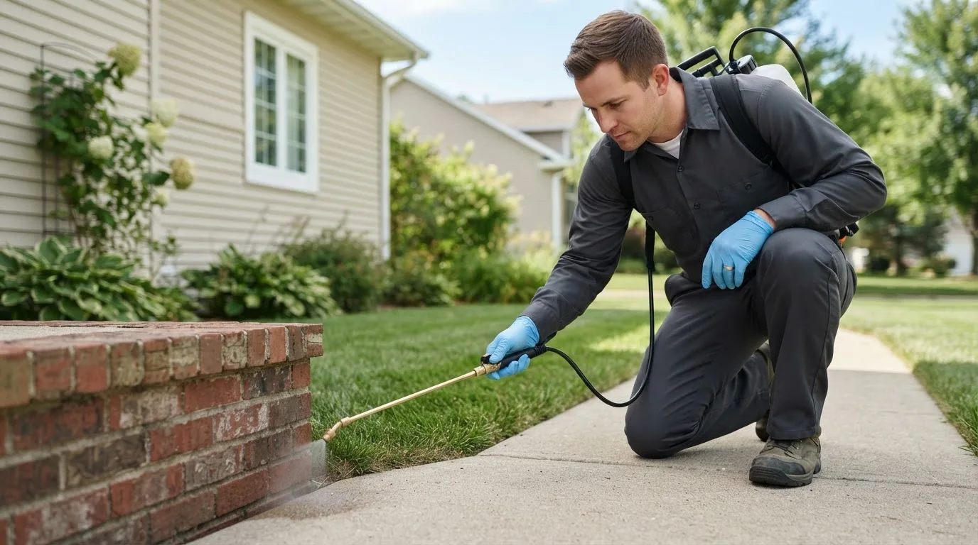 Pest control technician treating a home near Pierron, IL