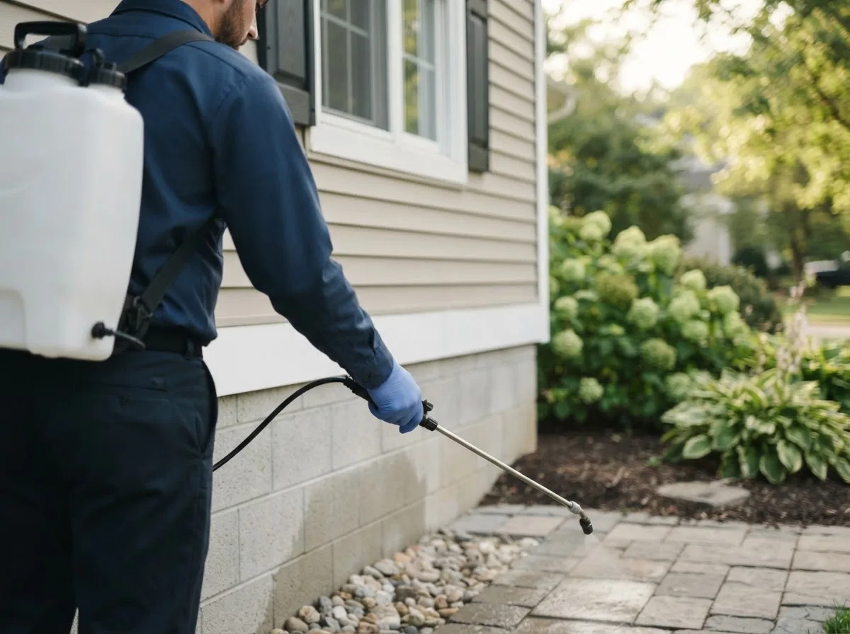Pest control technician inspecting a home in Pierron, IL